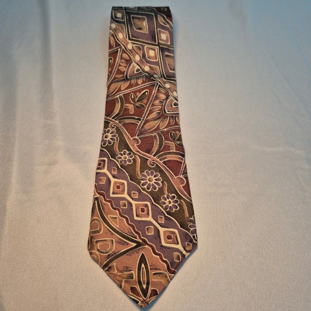 Villa Bugatti Vintage Mens Silk Tie Abstract Geometric Floral Burgundy Brown 4in